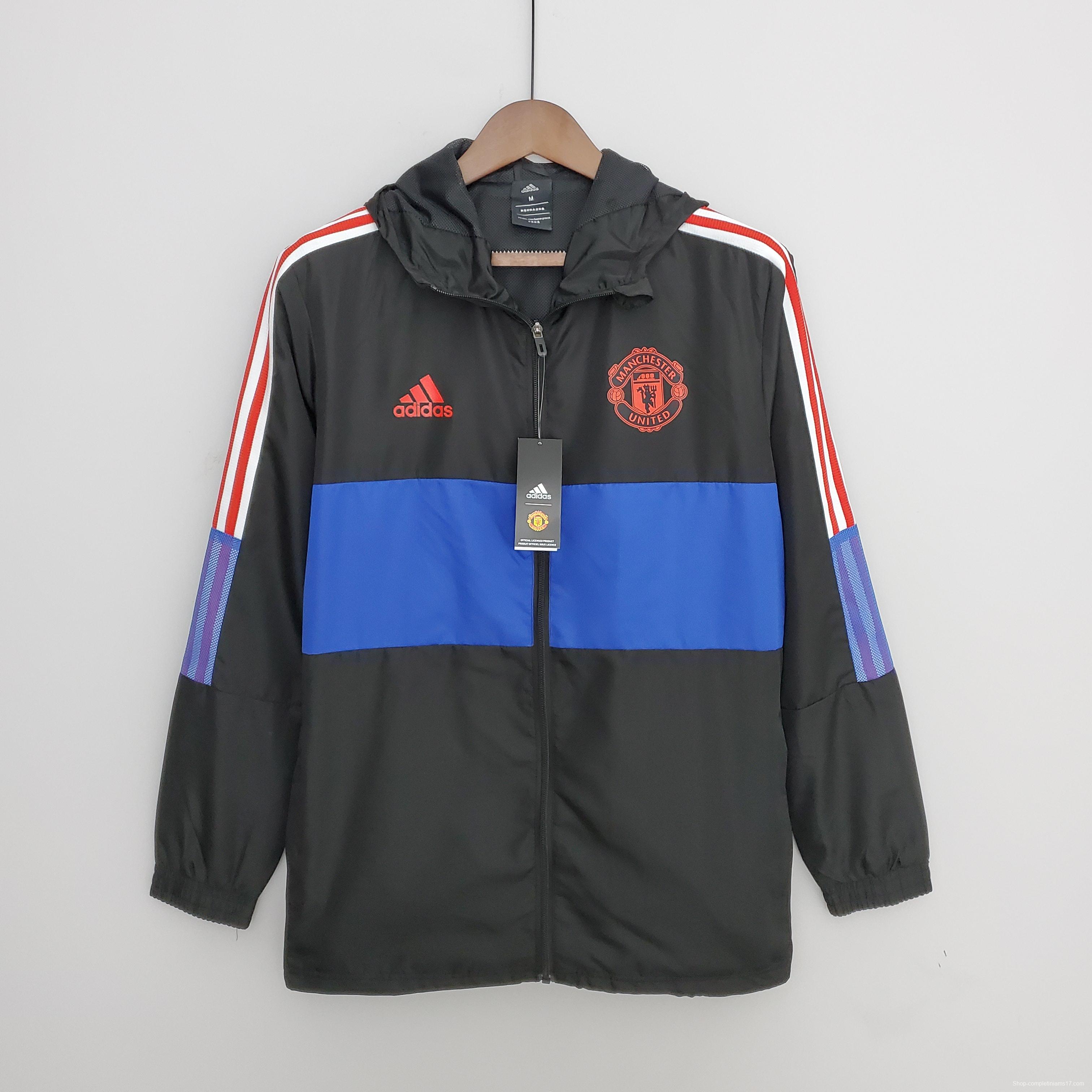 2022 Manchester United Windbreaker Black and Blue Soccer Jersey