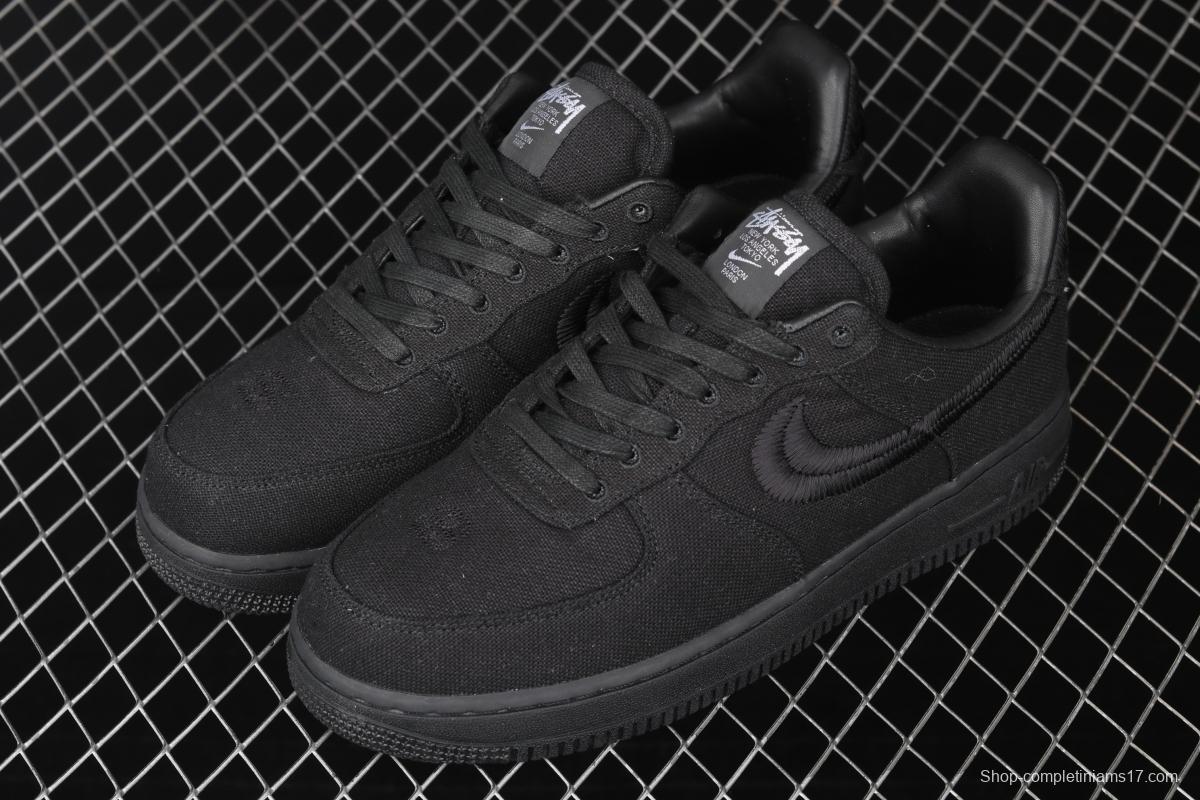 Stussy x NIKE Air Force 1 Low Black Cool Air Force low side black linen electric embroidered hook low upper board shoes CZ9084-001