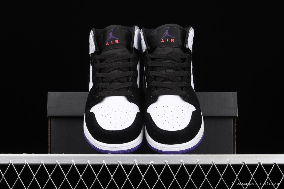 Air Jordan 1 Mid GS black, white and purple Zhongbang basketball shoes BQ6931-105