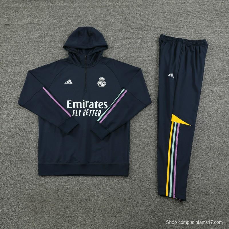 23/24 Real Madrid Navy Hoodie Half Zipper Jacket+ Pants