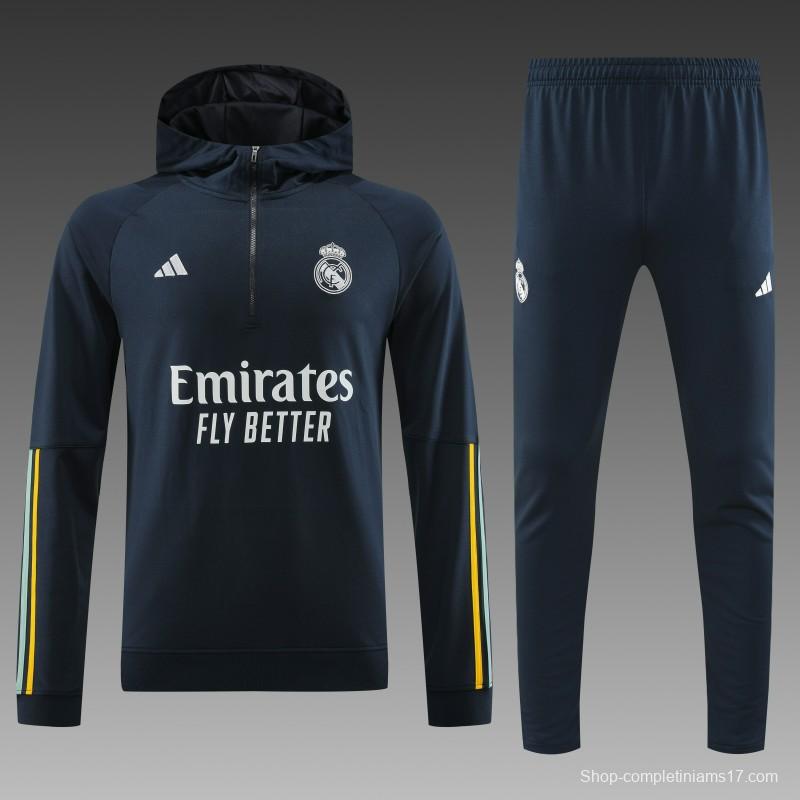 23/24 Real Madrid Navy Hoodie Half Zipper Jacket+ Pants