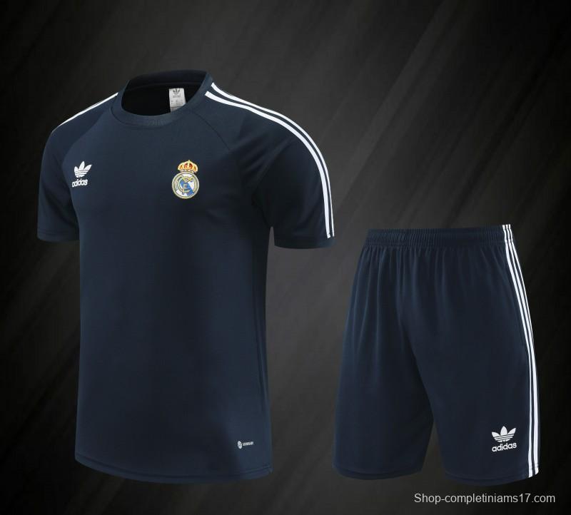 23/24 Adidas Originals Real Madrid Navy Cotton Short Sleeve Jersey+Shorts