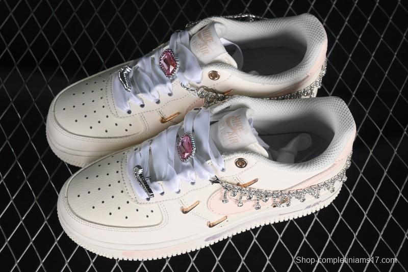 Nike Air Force 1 '07 Low Casual Sneakers in Romantic Pink-Purple with Diamond Chain Accessories - FV1122-333