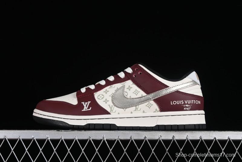 Louis Vuitton x Nike Dunk Low Customized Sneakers - Burgundy with Silver Swoosh SB Low Top Casual Skate Shoes - FC1688-188