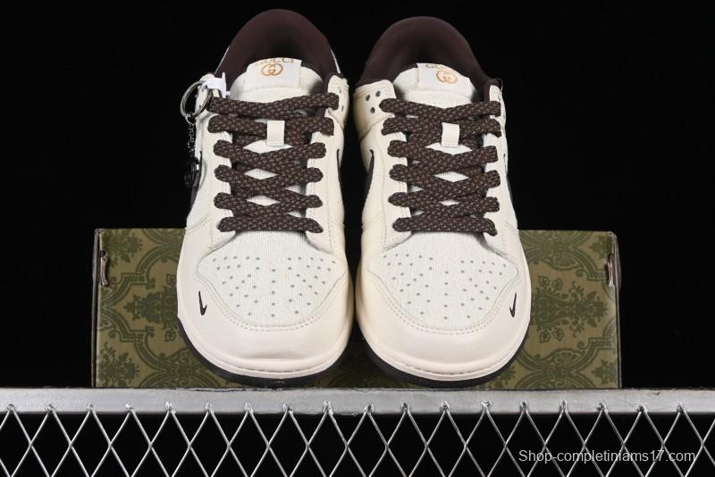 Nike SB Dunk Low Gucci Collaboration - Beige Brown Woven Fabric Anniversary High-End Custom Low-Top Casual Skate Shoes - DQ1098-375