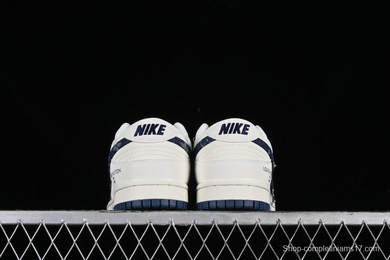 Nike SB Dunk Low LV Collaboration - Dark Blue Denim Anniversary High-End Custom Low-Top Casual Skate Shoes - XP3802-335