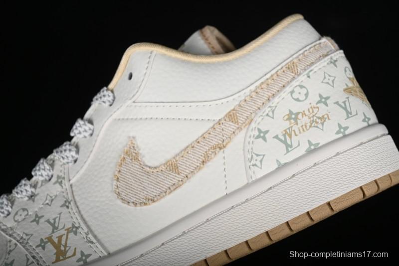 Nike Air Jordan 1 Low AJ1 Louis Vuitton Print Khaki Custom High-End Low-Top Basketball Shoes - SJ9950-004