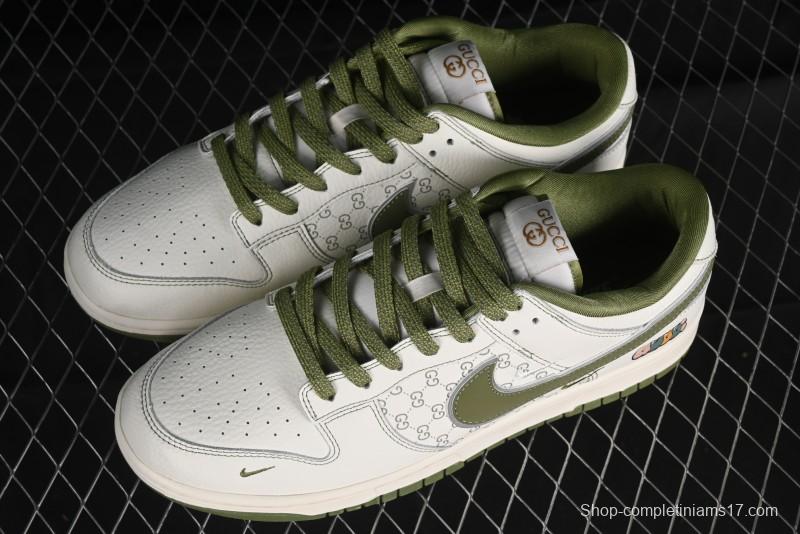 Nike SB Dunk Low Gucci Collaboration - Subtle Pattern Beige Green Swoosh Anniversary Custom Low-Top Casual Sneakers - KK1888-006