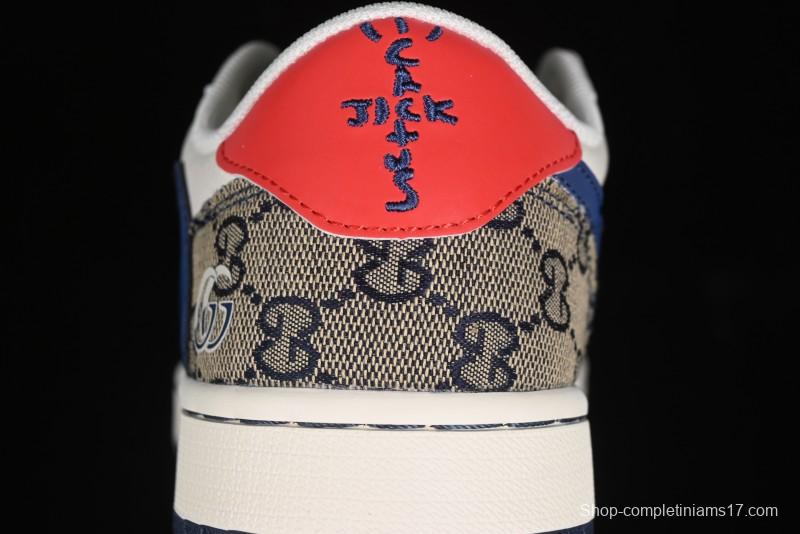 Nike Travis Scott x Fragment Design x Air Jordan 1 Low OG SP AJ1 Gucci Collaboration - Silver Logo Blue Swoosh Low Top Casual Sneakers - XY2688-118