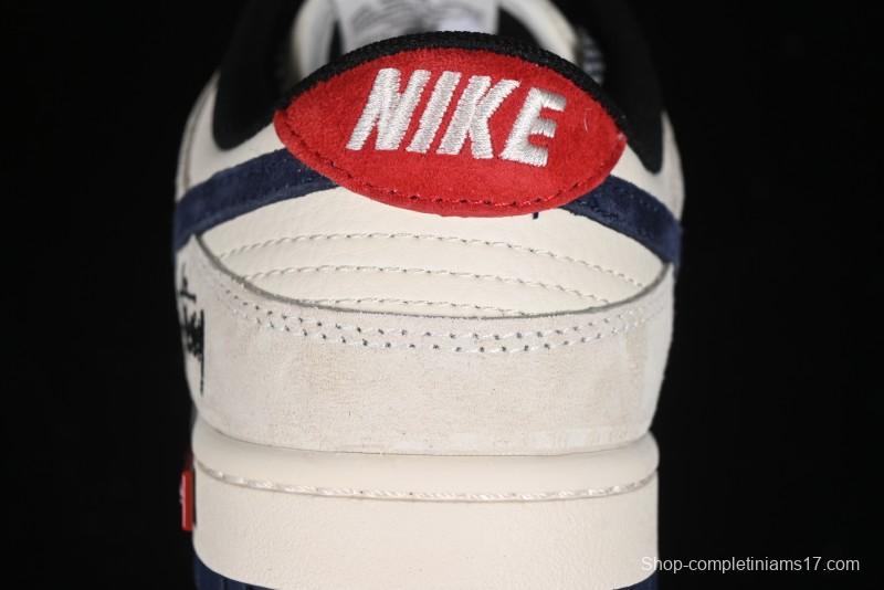 Nike SB Dunk Low Supreme x Stussy Triple Collaboration - Off White Navy Swoosh Anniversary Custom Low-Top Casual Sneakers - SJ2068-301