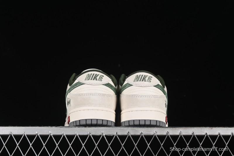 Nike SB Dunk Low Supreme x Stussy Triple Collaboration - Off White Green Swoosh Anniversary Custom Low-Top Casual Sneakers - SJ2068-303