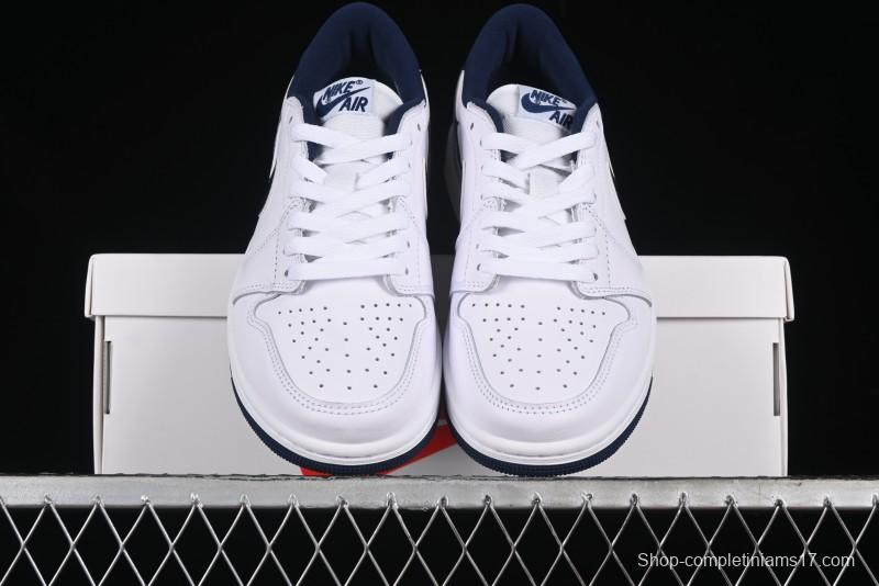 Nike Air Jordan 1 Low 85 Retro Sneakers in White with Metallic Blue Swoosh - FB9933-141