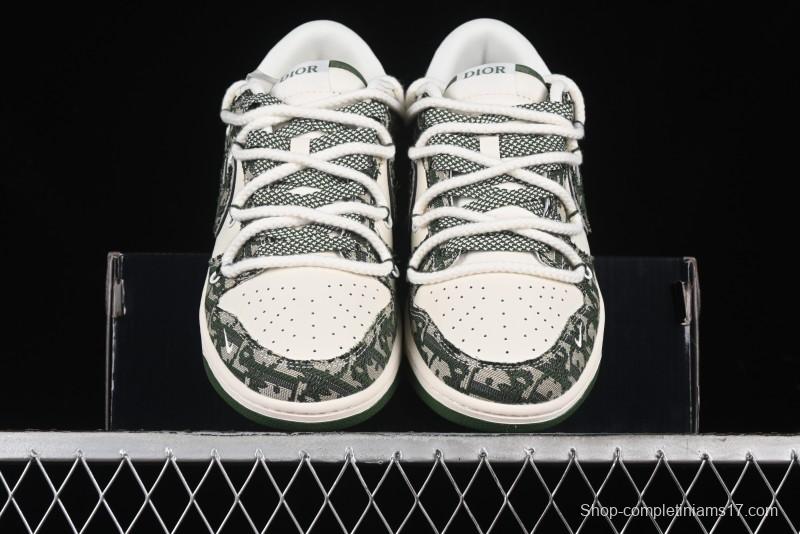 Nike SB Dunk Low Dior Collaboration - Strap Woven Green Check Anniversary High-End Custom Low-Top Casual Skate Shoes - SJ2068-309