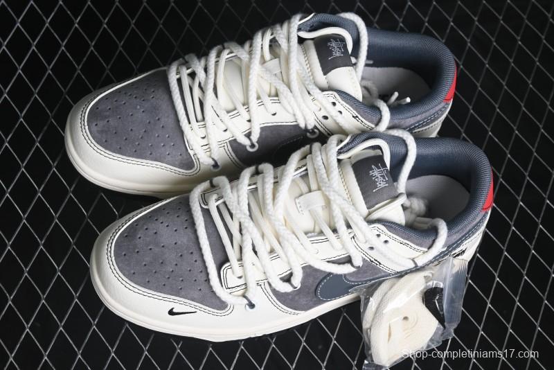 Nike SB Dunk Low Stussy Collaboration - Lace-Up Grey White Grey Check Anniversary High-End Custom Low-Top Casual Skate Shoes - YX5066-207