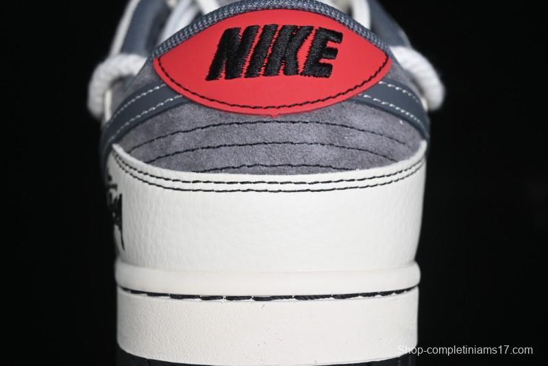 Nike SB Dunk Low Stussy Collaboration - Lace-Up Grey White Grey Check Anniversary High-End Custom Low-Top Casual Skate Shoes - YX5066-207