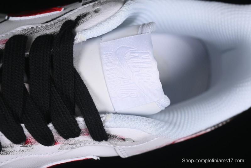 Nike Air Force 1 '07 Low Casual Sneakers with 2D Black and White Hand-Painted Blood Night Stitching Design - CW8822-011