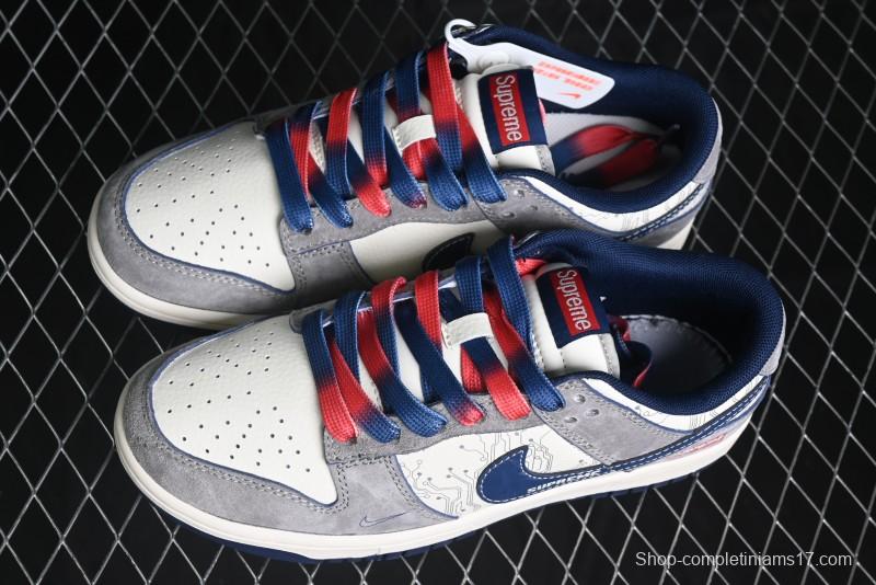 Nike SB Dunk Low Supreme Collaboration - Grey White Dark Blue Swoosh Anniversary High-End Custom Low-Top Casual Skate Shoes - DM6868-005