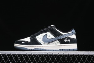 Nike SB Dunk Low Stussy Collaboration - Black White Print Anniversary Custom Low-Top Casual Sneakers - XX3168-212