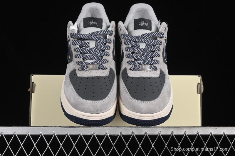 Nike Air Force 1 '07 Low Stussy Collaboration - Grey Pigskin Blue Sole Low-Top Casual Sneakers - SJ6698-005