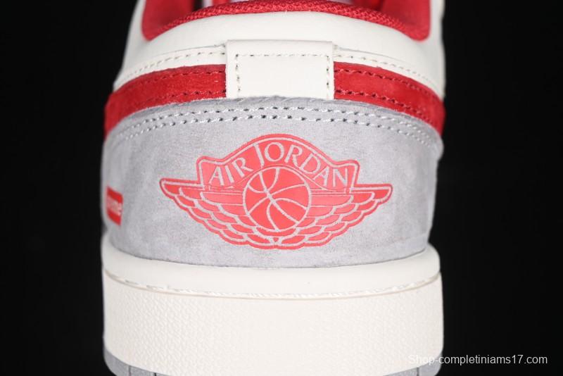 Nike Air Jordan 1 Low AJ1 Supreme Collaboration - White Grey Red Swoosh Retro Basketball Shoes - SJ9950-024