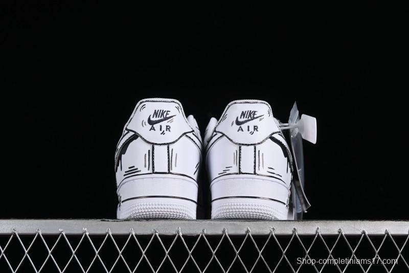 Nike Air Force 1 '07 Low Casual Sneakers with Black and White Hand-Drawn Manga Design - CW2288-811