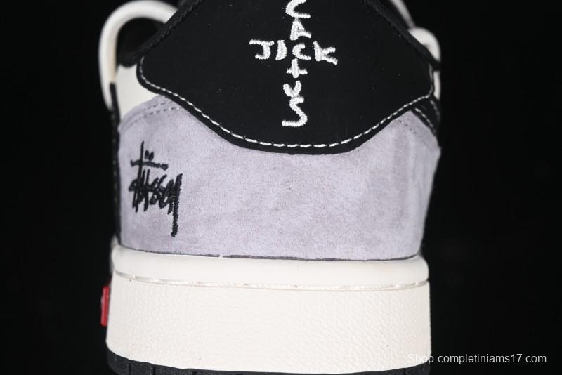 Nike Travis Scott x Fragment Design x Air Jordan 1 Low OG SP AJ1 Stussy Collaboration - Black Hook Dual-Tone Drawstring Low-Top Casual Sneakers - SJ0086-139