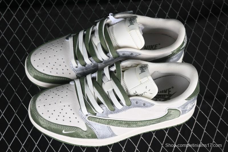 Nike Travis Scott x Fragment Design x Air Jordan 1 Low OG SP AJ1 Retro Sneakers in Green Suede - DM9288-012