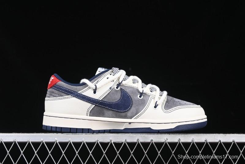 Nike SB Dunk Low Stussy Collaboration Anniversary Custom Low-Top Casual Sneakers with Strap in Beige Grey and Navy - YX5066-236
