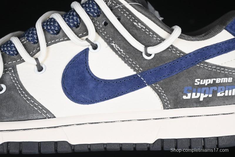Nike SB Dunk Low Supreme Collaboration - Grey White Blue Swoosh Lace-Up Anniversary Customized Low-Top Casual Skate Shoes - XS1186-100