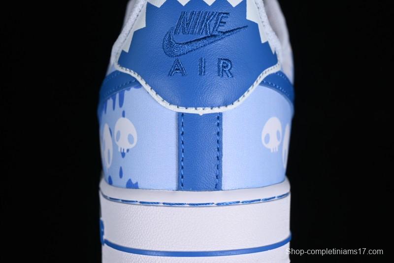 Nike Air Force 1 '07 Low Witch Collaboration Custom Leather Sneakers with Skull Design and Gradient White-Blue - CW2288-111