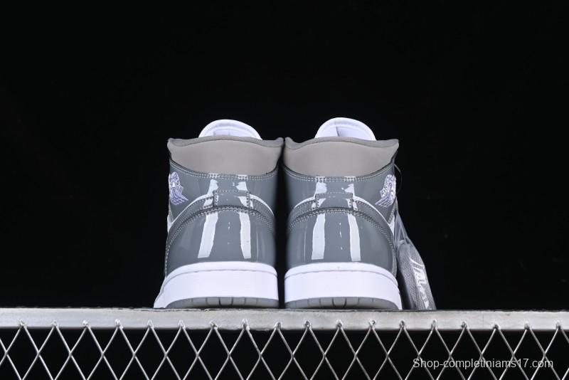 Nike Air Jordan 1 Mid AJ1 High-Top Basketball Shoes in White Grey Patent Leather - HF3216-100