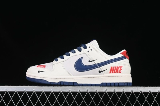 Nike SB Dunk Low Supreme Collaboration - Off-White 3D Navy Swoosh Anniversary Custom Low-Top Casual Sneakers - FC1688-204