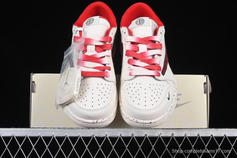 Nike Travis Scott x Fragment Design x Air Jordan 1 Low OG SP AJ1 Stone Island Collaboration Pomegranate Red Low-Top Casual Sneakers - CF3688-077