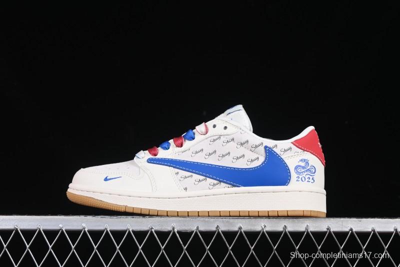 Nike Travis Scott x Fragment Design x Air Jordan 1 Low OG SP AJ1 Snake Year Limited Blue Swoosh Gum Sole Low-top Casual Sneakers - XS3086-011