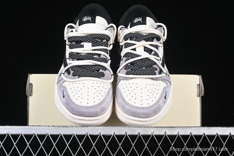 Nike Travis Scott x Fragment Design x Air Jordan 1 Low OG SP AJ1 Stussy Collaboration - Black Hook Dual-Tone Drawstring Low-Top Casual Sneakers - SJ0086-139