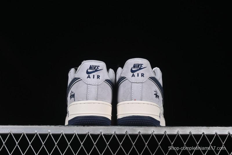 Nike Air Force 1 '07 Low Stussy Collaboration Grey Blue Swoosh Casual Sneakers - XZ3318-088