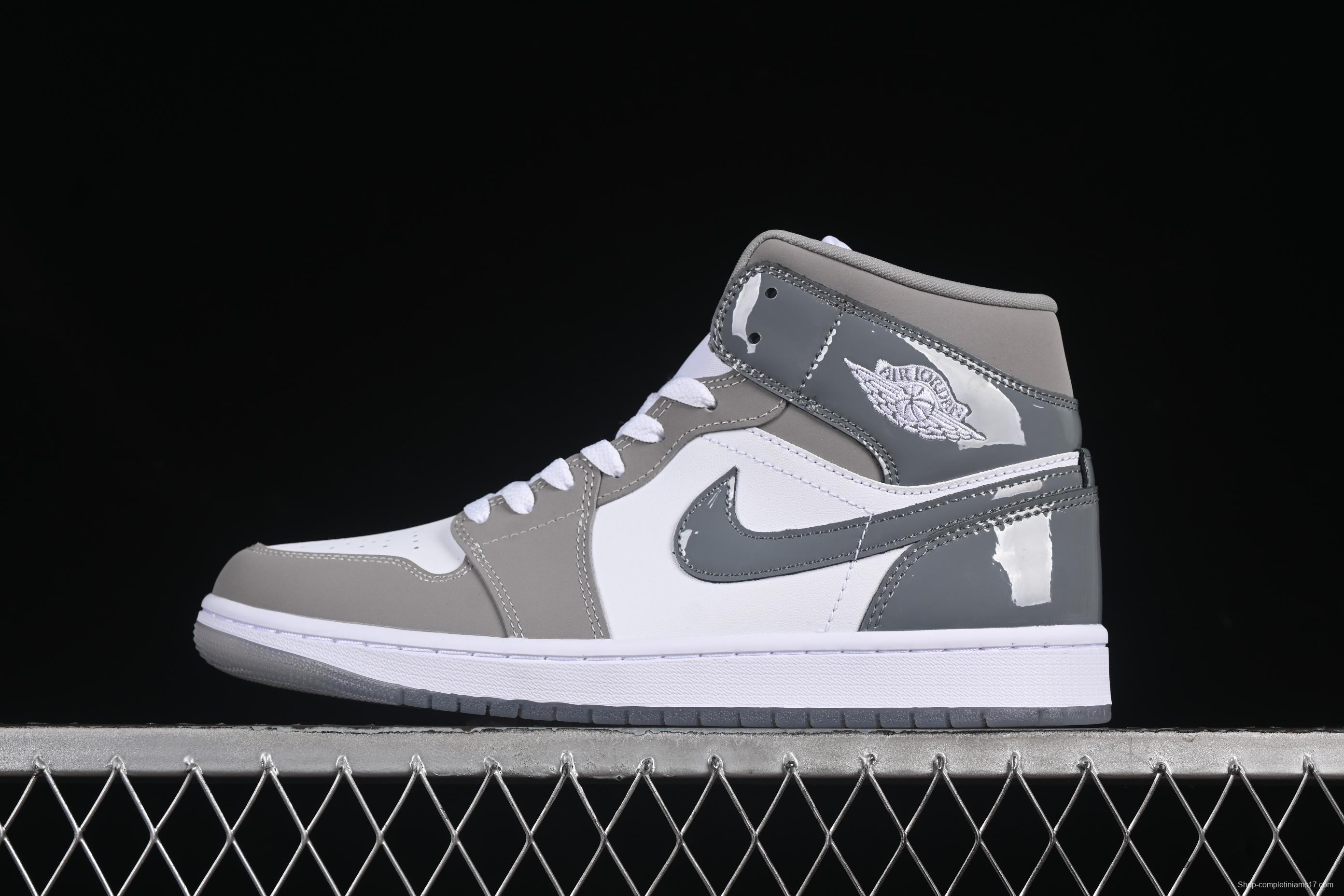 Nike Air Jordan 1 Mid Basketball Shoes in White Grey Patent Leather - HF3216-100
