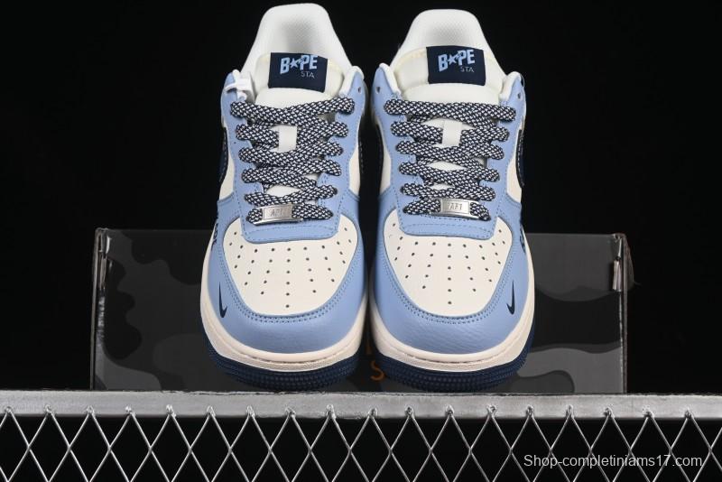 Nike Air Force 1 '07 Low Bape Collaboration Light Blue Swoosh Casual Sneakers - XS1958-554