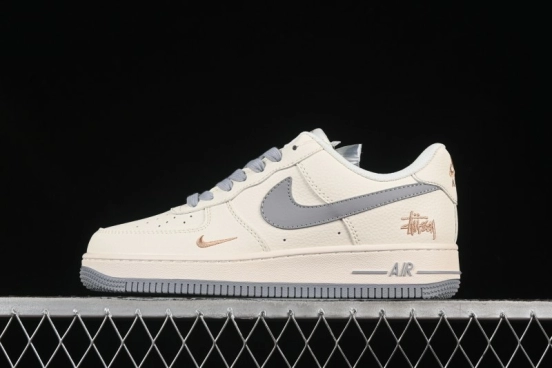 Nike Air Force 1 '07 Low Stussy Collaboration Gold Embroidery Grey Swoosh Casual Sneakers - XX3168-150