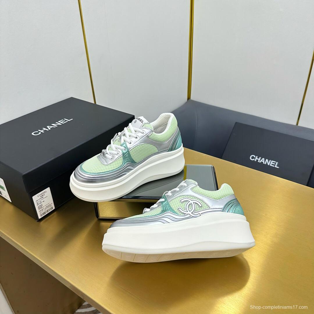 2025 Women Chanel Green Silver Mesh Leather Platform Sneakers