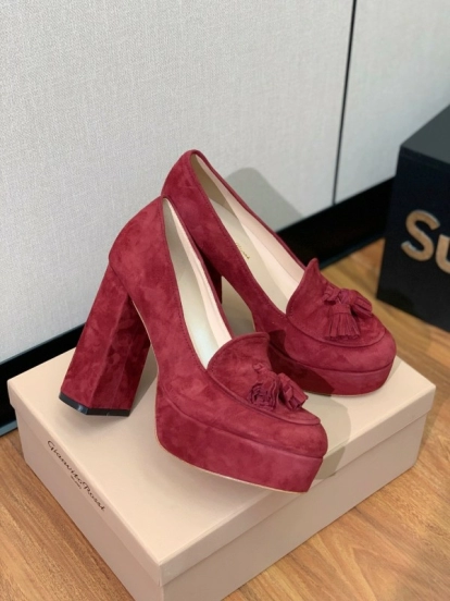 2025 Women Gianvito Rossi Red Suede Platform Loafers Tassel KFY00330