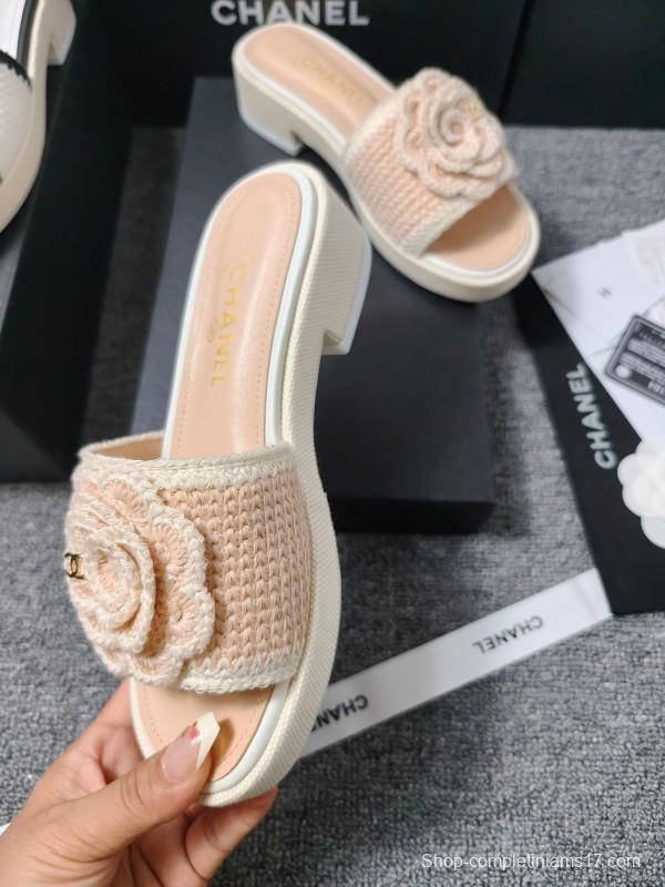 2025 Women Chanel Beige Fabric Slippers CC Logo LY00000