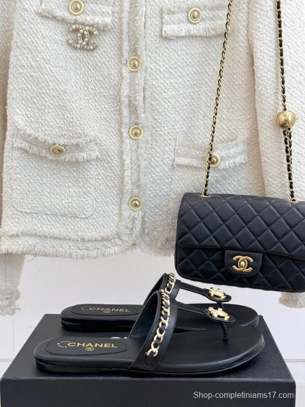 2025 Women Chanel Black Leather Slippers Chain KFY00250