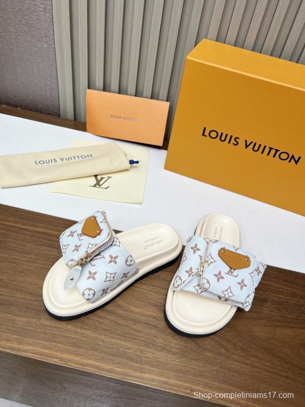 2025 Women Louis Vuitton White Brown Canvas Slippers KFY00230