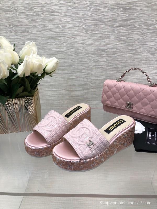 2025 Women Chanel Pink Tweed Platform Slippers LY00320