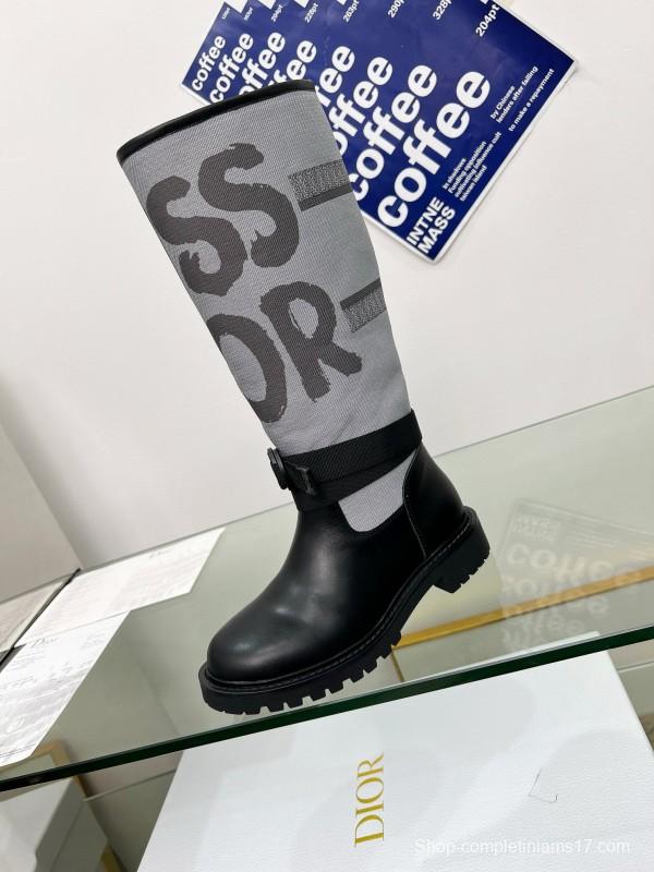 2024 Women Dior Black Grey Leather Fabric Knee High Boots