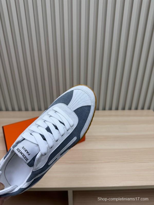 2025 Unisex Hermès White Grey Suede Down Fabric Sneakers Top Version LY00310