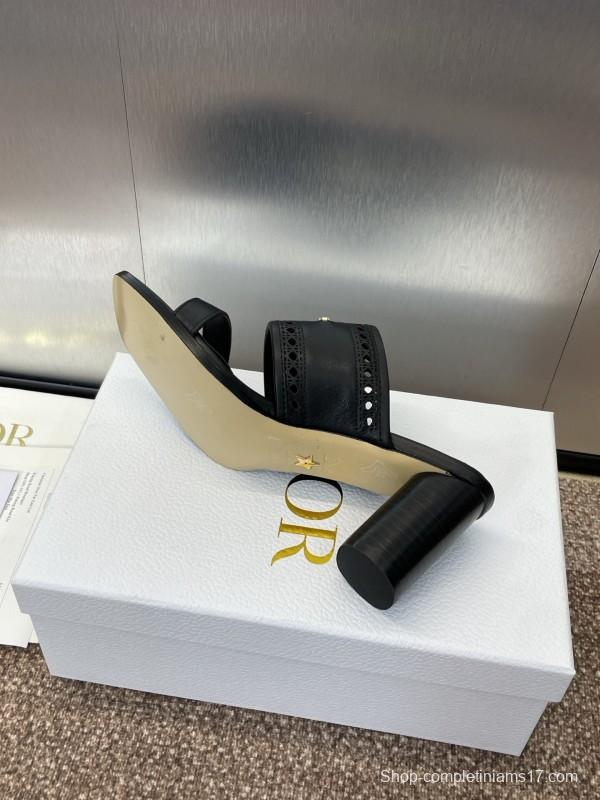 2024 Women Dior Black Leather Slide Sandals