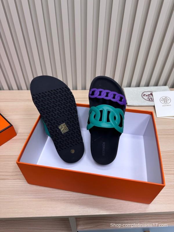 2025 Slippers Hermès Green Purple Rubber Casual LY00360