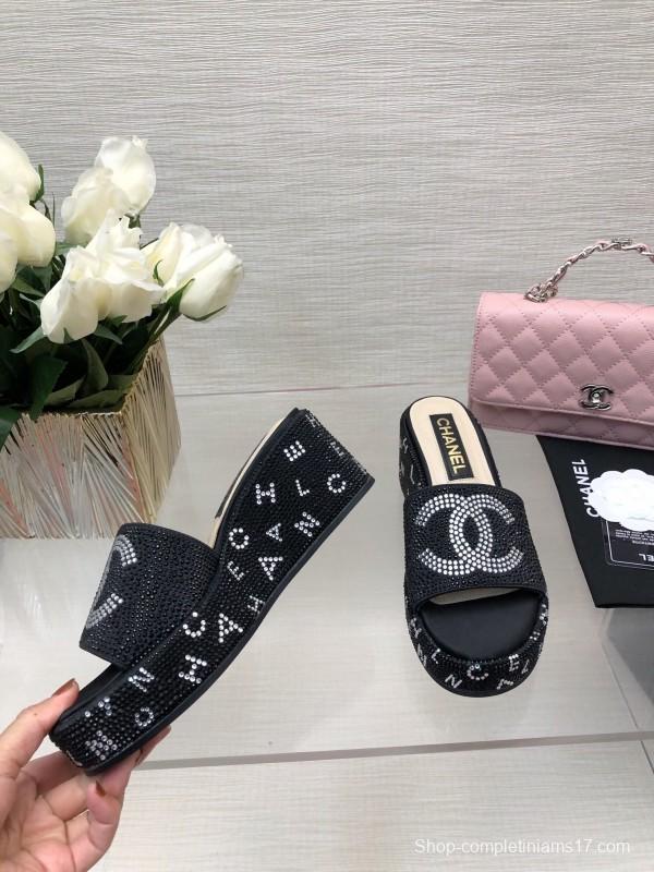 2025 Women Chanel Black Fabric Rhinestone Slippers LY00320